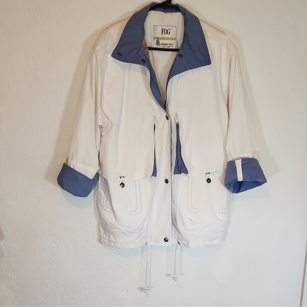 London Fog Women's White Blue Hooded Windbreaker Jacket Zip Button Front XS Reg